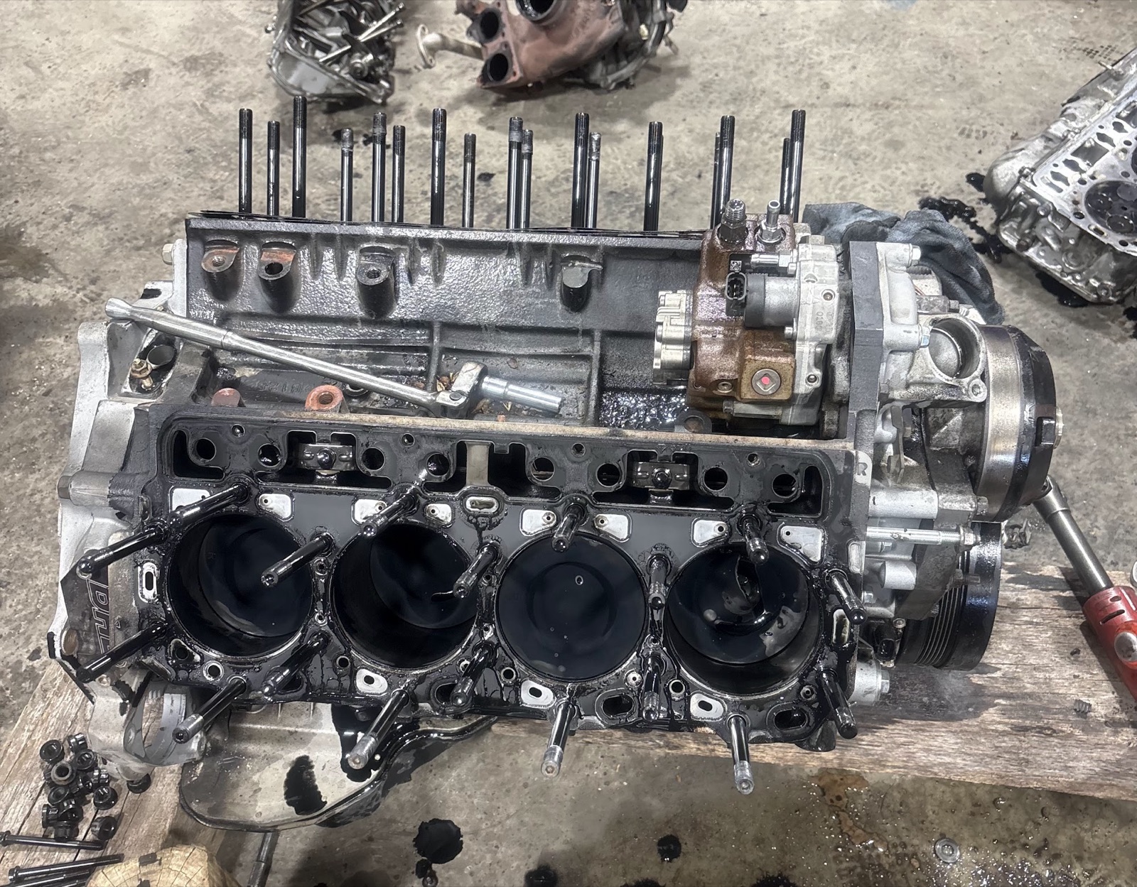 Diesel engine block with cylinders exposed